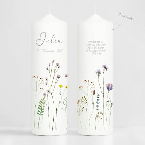 Weiße Kerze zur Taufe oder Geburt beidseitig bedruckt mit zarten Wildblumen und Wildgräsern, Taufkerze 25 x 7 cm