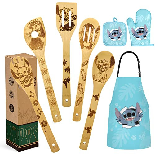 Geschenke Zum Muttertag für Mama Personalisiert, Bambus Kochlöffel Schürze Topfhandschuh Topfuntersetzer Set, Einweihungsgeschenk wohnung Geburtstagsgeschenk für Mama Frau