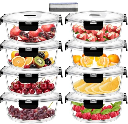IUGHN Meal Prep Containers Glass, Set of 8pcs, High Clear Borosilicate Food Storage Containers With Lids Airtight, 400ml Glass Containers With Lids, Lock and Lock Containers and 1 Cleaning Sponges