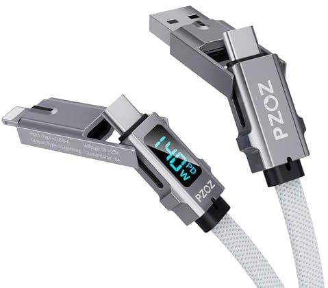 PZOZ 4 in 1 LED Display 140W USB Cable,USB C to Lightning/Type-c to USB C/USB A to Lightning/USB A to USB C Fast Charging Charger for iPhone iPad MacBook AirPods Pro Samsung Google