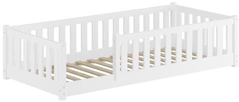 Erst-Holz®Kinderbett, Holzbett mit umlaufendem Schutzgitter 80x180 Kiefer waschweiß V-60.77W-08-180Rollrost inkl.