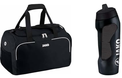 JAKO Sporttasche Herren Classico Junior Schwarz 45 x 30 x 30 cm & Unisex – Erwachsene Premium Trinkflasche, (0) 0,75 Liter, Schwarz
