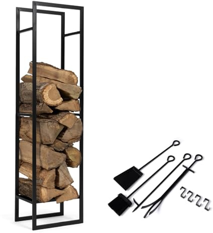 IDMarket - Vertikale Kaminholzablage aus schwarzem Stahl mit Regal und Zubehör H. 170 cm