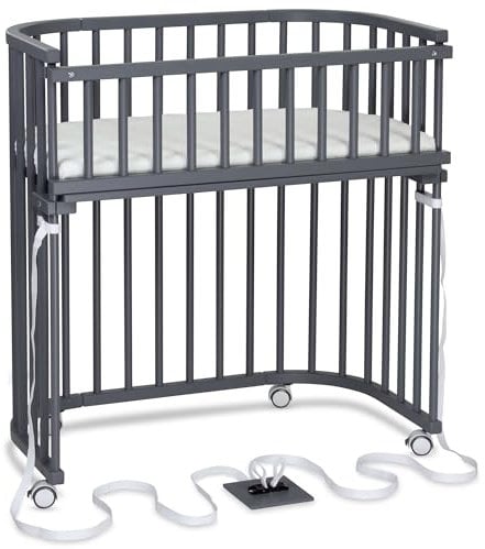 babybay Boxspring Beistellbett aus massivem Buchenholz/kompakt & verwandelbar/Höhe stufenlos verstellbar/mitwachsendes Babybett (schiefergrau lackiert) / inkl. Matratze, Gitter, Rollen
