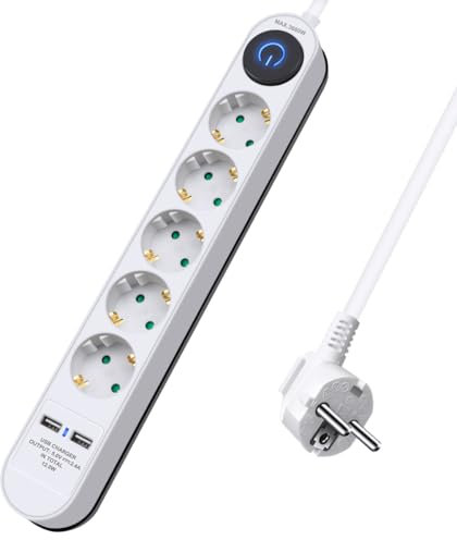 Regleta Enchufe Múltiple, 5 Tomas y 2 USB 2.4A, Protección Infantil, 3680W Máx, Cable 1,5m