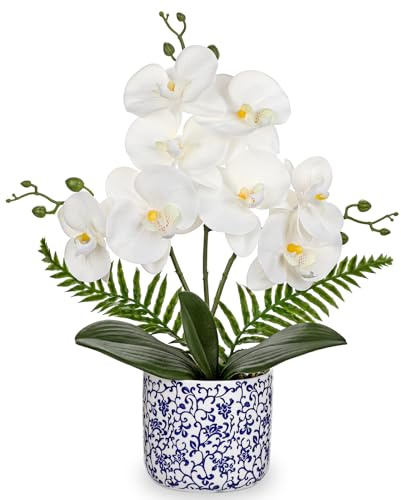 Oairse Weiße Orchidee mit blauem und weißem Topf, 39,9 cm, Seidenorchidee, künstliche Orchideen für Zuhause, Büro, Regal, Zimmer, Tisch, Tischdekoration