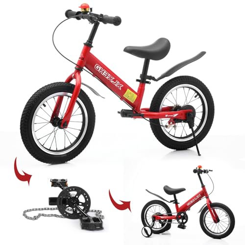GHBXJX Laufrad 3 in 1 für Kinder ab 2 3 4 5 6 7 Jahre - bis zu 25 kg, 14 Zoll Kinderlaufrad mit Bremse Stützräder Pedalen, Ultraleicht Kinderfahrrad für Jungen Mädchen,Rot