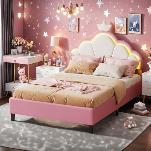 Lit Fille 90x200 avec Tête de lit rembourrée réglable en Forme de Nuage et décoration de Couronne, Lit 1 Place Enfant avec Éclairage LED, Velours, sans Matelas, Rose