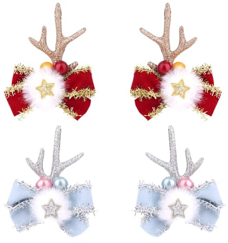 2stk Rentier Geweih Haarspangen, Süße Weihnachts Rentier Haarspangen für Frauen Weihnachten Halloween Cosplay Kostümzubehör(Stern-Glitzer-Stil)