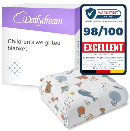 Dailydream Gewichtsdecke Kinder 90x120cm, 2,5 kg, Baumwolle, Motiv Ocean | Gewichtsdecke für Kinder mit atmungsaktiver Baumwoll-Außenschicht, Glasperlenfüllung und doppelt vernähten Kammern.