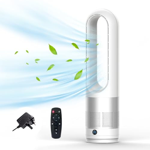 OEHUG Bladeless Tower Fan,Standing Cooling Fan,Fan With Remote Control, Quiet with LED Display,Air Cooler For Bedroom, Home, Office,8H Timer, Remote Control (Silvery)