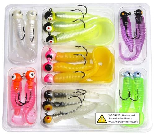 Grub Fishing Lures Jig Heads Hooks Kit, Crappie Lures Tube Baits Soft Worms Grub Tail Crappie Jigs Fishing Hooks for Bass Trout Bluegill Panfish