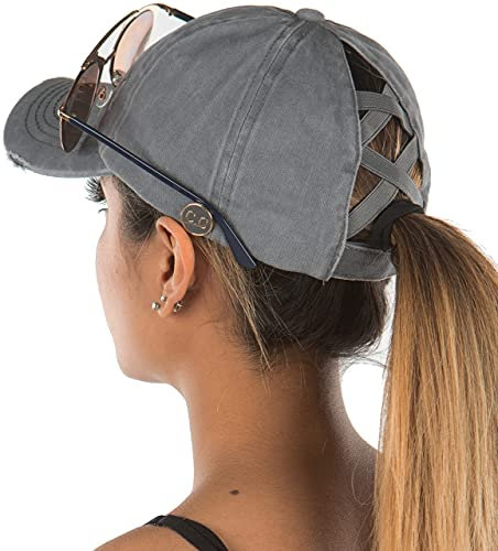 Funky Junque Criss Cross Hat Damen Pferdeschwanz Unordnung Bun Side Buttons Baseball Cap - Grau - Einheitsgröße