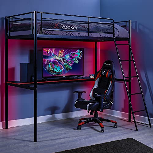 X-Rocker HQ Bunk Bed with Desk, Metal Kids High Sleeper Kids Loft Bed with Desk, Gaming Bed with Fixed Ladder, Single 3ft for Kids and Teens, Bed Frame with ladder Space Saving Design - BLACK