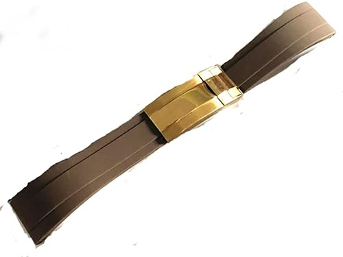 BrightBulb Hochwertiges 20 mm Natur-weiches Silikonkautschuk-Armband-Armband mit Faltschließe für Rolex-Armband Daytona Submariner GMT OYSTERFLEX-Brown+Rose Gold Silver Buckl