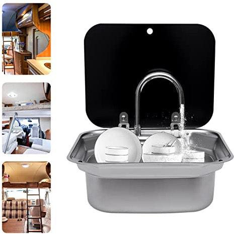 RV Caravan oder Boot Edelstahl Handwaschbecken Spüle mit gefaltetem Wasserhahn Gehärtetes Glas Deckel van Camper Anhänger Zubehör (Spüle mit Hahn)