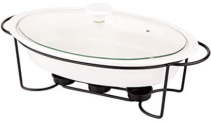 Pullmer Auflaufgeschirr 1,4 l mit Speisewärmer und Deckel, Geschirrwärmer mit Platz für 3 Teelichter, Wärmebehälter für Speisen aus New Bone Chine Porzellan (Weiß/Schwarz/1,4 L)