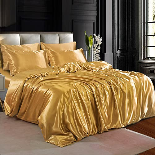 ZIMEL HOMES 4-Piece Satin Bedding Set – Soft, Silky & Shiny Bed Sheets – Includes Duvet Cover, Fitted Sheet & 2 Pillowcases (Dull-Gold, Single)