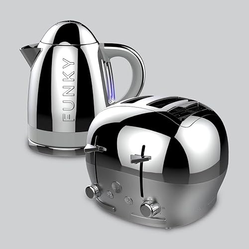 FUNKY Retro Kettle and Toaster Breakfast Set, 1.7L Easy Pour Kettle, Large Deep and Wide Toaster - Chrome