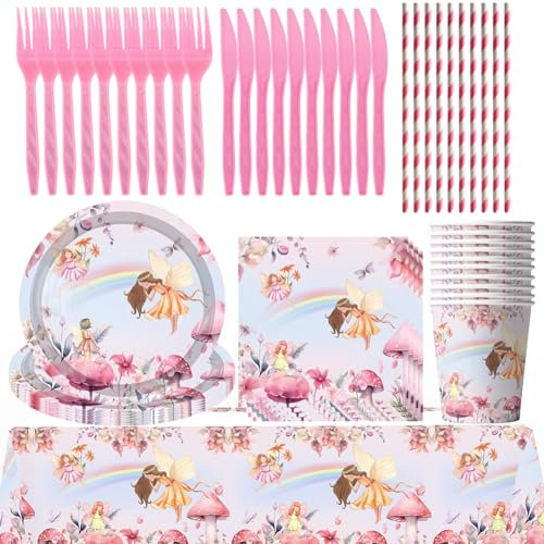 KJoet 71pcs Feste a Tema Stoviglie, Piatto per la Cena, Tovagliolo di Carta, Tazza, Coltello e Forchetta,Paglia, Tovaglia, Fata Stoviglie per Feste di Compleanno - 10 persone