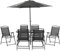 Outsunny 8 Pieces Metal Garden Furniture Set with Parasol and Folding Chairs, Garden Dining Set, 6 Seater Outdoor Table and Chairs with Tempered Glass Top, Black