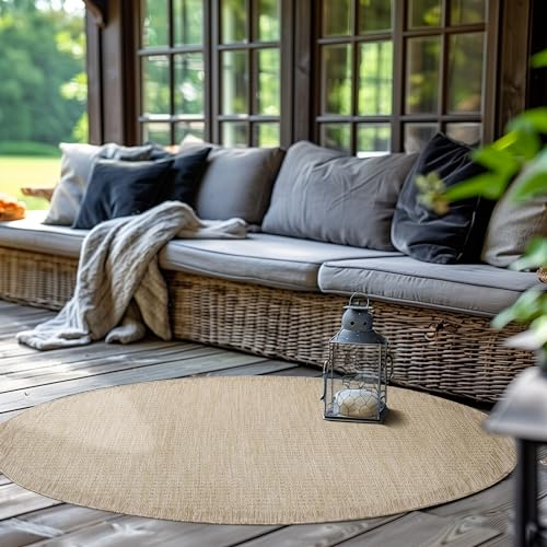 SIMPEX Outdoor Teppich Rund,Terrasse Balkon Garten Küchenteppich Einfarbiges Design Wetterfest Flachgewebe Sisal Look Waschbarer Teppich, Größe: 120 cm Rund, Farbe: Beige