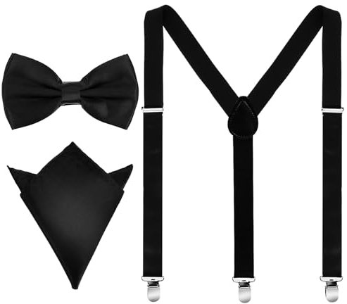 JIYIN Hosenträger Herren Set, Hosenträger Breit mit Fliege und Einstecktuch Hosenträger für Herren 2,5 Cm Hosenträger Verstellbar Männer Hosenträger X-Form (Schwarz)