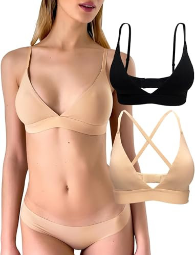KUKU PANDA 2 Pack Damen Triangel Bralette Bequeme Baumwolle Wireless gepolsterte BHS Lightly Lined V-Ausschnitt (Schwarz/Beige, S