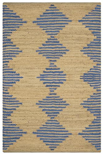 CASAVANI Indian Handmade Natural Jute 10x14 Kilim Rug – Braided Geometric Pattern in Blue & Beige – Handwoven Flatweave Doormat for Indoor & Outdoor Use – Ideal for Bedroom, Dining Room & Living Room