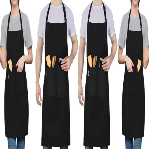LEFUNDA® 4 Stück Kochschürze Wasserdicht Schürze mit 3 Taschen Verstellbare Grillschürze mit langen Bändern Küchenschürze für Männer Damen Küche BBQ Restaurant Café