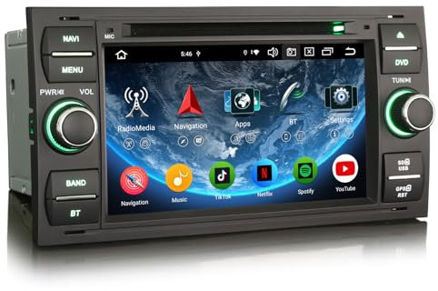8-Kern 4GB+64GB 7 Zoll Android 14 Autoradio 2Din mit GPS Navi für Ford Fiesta Focus Transit Galaxy C-Max S-Max Kuga Bluetooth 5.0 CarPlay Android Auto DSP WiFi 4G DAB+ OBD2 DVD CD DVB-T2 FM RDS