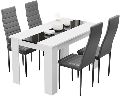 Blisswood Dining Table and 4 Chair Set, PU Leather Chairs, 17mm Thick Table Tabletop 120x80 cm, kitchen table, Modern Design Wooden dining Table Set for Home furniture (White & Black, Grey Chair)