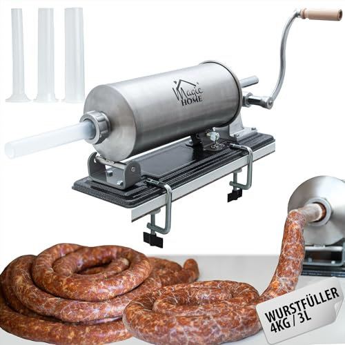 MAGIC HOME Wurstfüller aus Edelstahl | 3l / 4kg | Manuell, Horizontal | Hochwertige Wurstfüllmaschine, Wurstpresse, Wurst maschine, Bratwurst, Cevapcici maschine | 4 Füllrohre, 2 Tischklemme