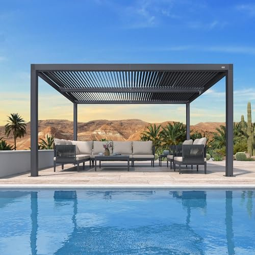 Bioclimatic Pergola 4.24 x 3m - Aluminum Adjustable Louvered Roof 12.72m² Garden Canopy for Outdoor Patio Deck and Terrace Gray Outdoor Structure
