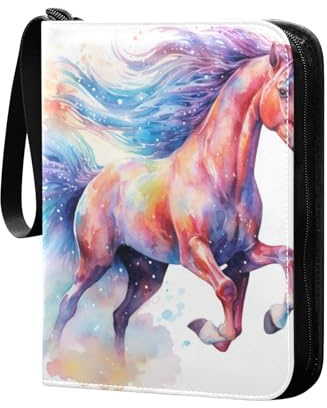Aquarell-Karten-Ordner mit braunem Pferd, mit 4 Taschen, tragbarer Kartenordner mit Reißverschluss, Sammelalbum für Sammelkartenalben, 50 Seiten, 400 Taschen, Sportspiel-Kartenordner