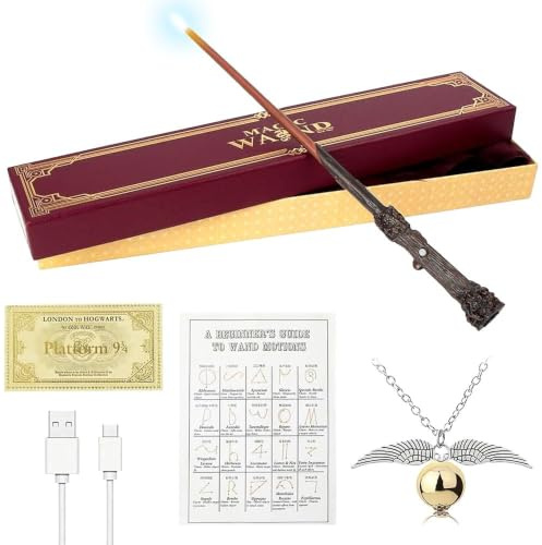 KBIBCK H-arry Baguette P-otter, baguette lumineuse Harry de 35 cm, baguette phosphorescente avec chargement USB, baguettes magiques Harry dans un coffret cadeau avec tableau des sorts, ticket de