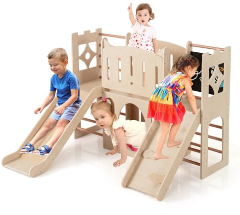 COSTWAY Kinder Rutsche Klettergerüst, 8-in-1 Indoor Spielplatz (Natur) | Holz Rutsche mit Kletterleiter & Kletterrampe, Tunnel, Tafel, Stauraum, für Kinder ab 3 Jahren