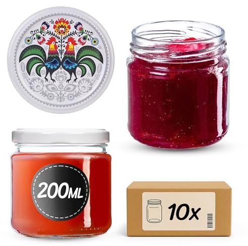 KADAX 10er Set Einmachgläser 200ml Ø66mm Hähne-Motiv – für Marmelade, Honig, Gewürze, Dessert | mit Schraubdeckel, luftdicht & spülmaschinenfest | Vorratsgläser zum Einkochen