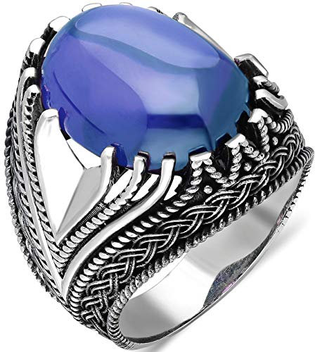 mysilverworld Herren-Ring aus massivem 925er-Sterlingsilber, ovaler Saphirstein, Strickdesign (13,5), 925er-Sterlingsilber, Metall, Saphir