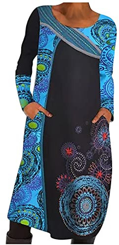 Women Dresses Sale Casual O-Neck Hedging Print Ethnic Style Long Skirt Long Sleeve Loose Dress UK Size Party Elgant Dresses Clearance Work Dress Office Dressing