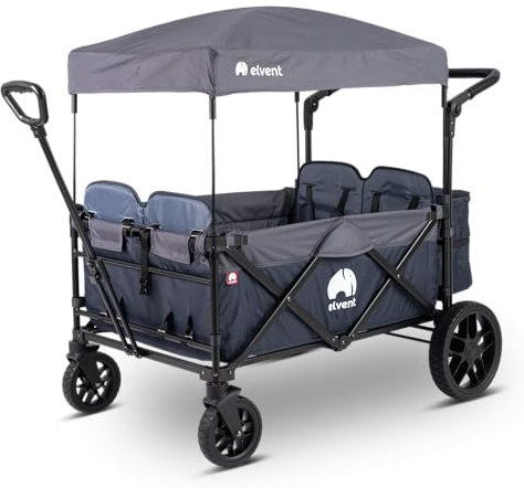elvent® WagonPro Premium Bollerwagen/Handwagen faltbar mit Dach I 4 Sitzplätze | groß I Sitzpolster, Hecktasche, Off-Road-Reifen, Feststellbremse, 5-Punkt-Gurt I für 4 Kinder (Blau)