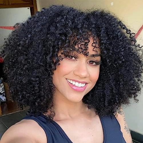 PORSMEER Curly Afro Wigs for Black Women Short Kinky Curly Wigs with Fringe Premium Synthetic Hair Full Fluffy Black Wig for Ladies Daily Wear or Cosplay Party,14inch