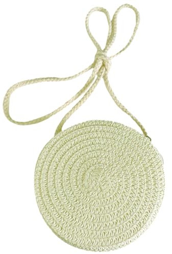 Jamron Fait Main Rond Sac de Paille Sac à Bandoulière Bohème Fleur Sac de Plage avec Fermeture Éclair SN0702152 Mini Blanc