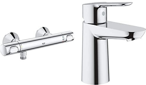 GROHE Precision Flow - Wall Mounted Thermostatic Shower Mixer, Chrome, 34840000 & BauEdge - Smooth Body Single-Lever Basin Mixer Tap, Size 144mm, Chrome, 23330000