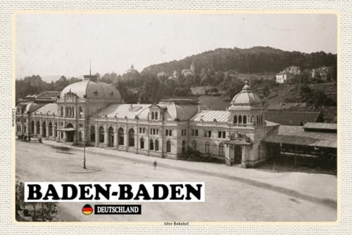 mrdeco Metall Schild 12x18cm gewölbt Baden-Baden Alter Bahnhof Schild