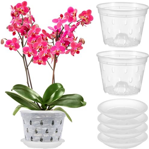 YARNOW 5 Sets transparenter Orchideentopf aus Kunststoff mit Löchern und Untertassen, geschlitzte Kindergartentöpfe zum Umtopfen von Orchideen (Durchmesser 12,8 cm)