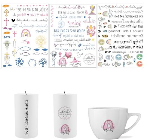 TKGEOUE 6 Stück Kerzentattoos Heilige Kommunion,Kerzentattoo Wassertransferdruck,Kerzenfolie Glücklich Diy Geschenk Kerzensticker,für Taufe Kommunion Konfirmation Deko (Farbe)