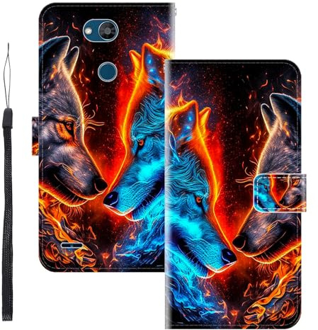 WUACYEAMING für LG X Power 3 Hülle Premium PU Leder Flip Klappbare Stoßfeste Magnetische Schutzhülle Tasche mit Kartenfach Geld Slot Ständer Zwei Wölfe