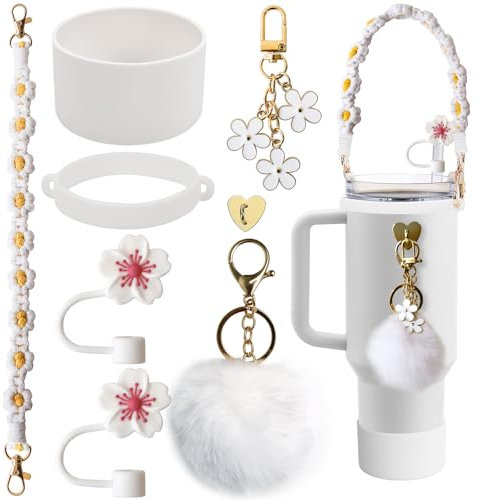 8pcs Geeignet für stanley cup Zubehör Set - Geeignet für stanley cup Tasse-Seil, Geeignet für stanley cup Blumen Strohhalm Abdeckung, Geeignet für stanley cup Accessories Mit Plüsch-Anhänger(Weiß)