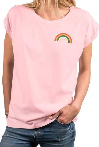 MAKAYA Regenbogen Shirt Damen Kurzarm Sommer Top Rundhals Rainbow Oberteile Regenbogenfahne Regenbogenflagge LGBTQ Rosa XXL